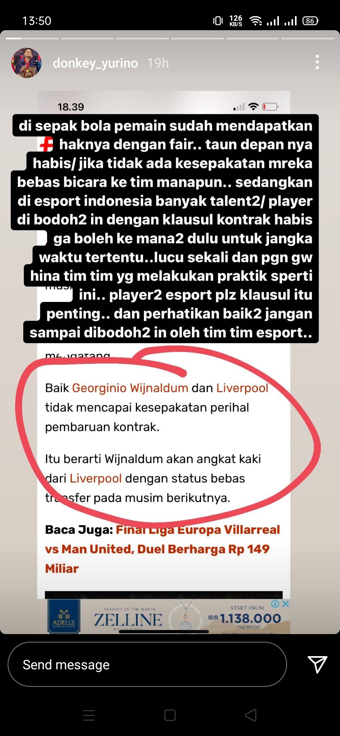 Mantan pro player eSports Mobile Legends, Yurino Putra alias Donkey. Copyright: Instagram