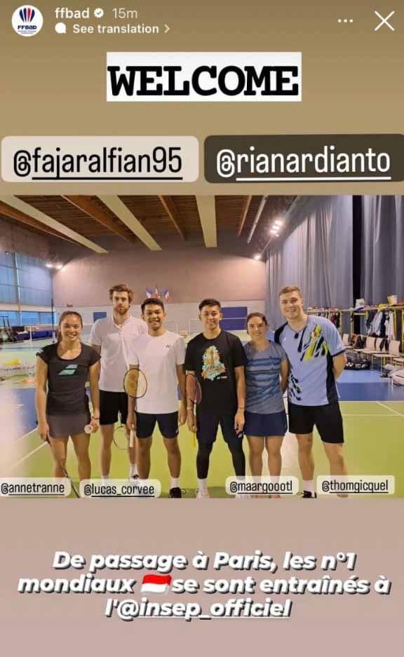 Fajar Alfian/Muhammad Rian Ardianto berlatih di pelatnas Prancis. (Foto: Instastory@fajaralfian) Copyright: Instastory@fajaralfian