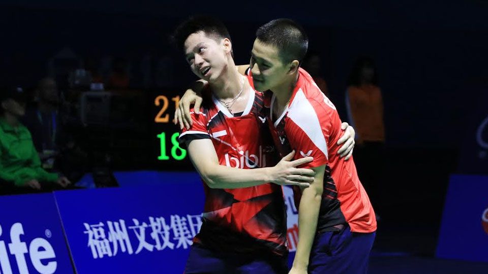 Ganda Putra Indonesia, Kevin Sanjaya Sukamuljo/Marcus Fernaldi Gideon, berhasil menjuarai China Open Super Series Premier 2016. Copyright: © HUMAS PBSI