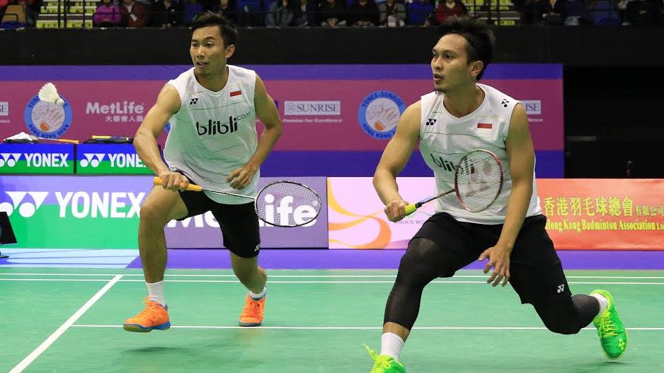 Pasangan ganda putra Indonesia, Mohammad Ahsan/Rian Agung Saputro di ajang Hong Kong Open 2016. Copyright: © HUMAS PBSI