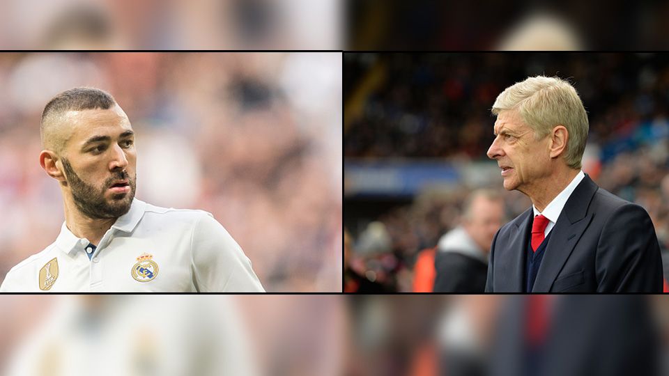 Penyerang Real Madrid, Karim Benzema dan pelatih Arsenal, Arsene Wenger. Copyright: © PowerSportImages-Tony Marshall/GetyImages