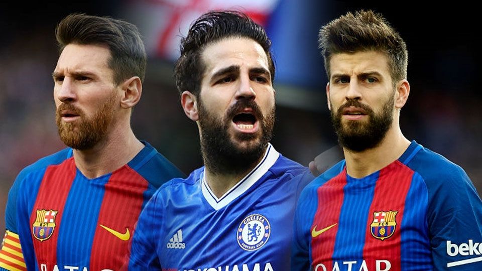 Kiri-kanan: Lionel Messi, Cesc Fabregas, dan Gerard Pique. Copyright: © Getty Images