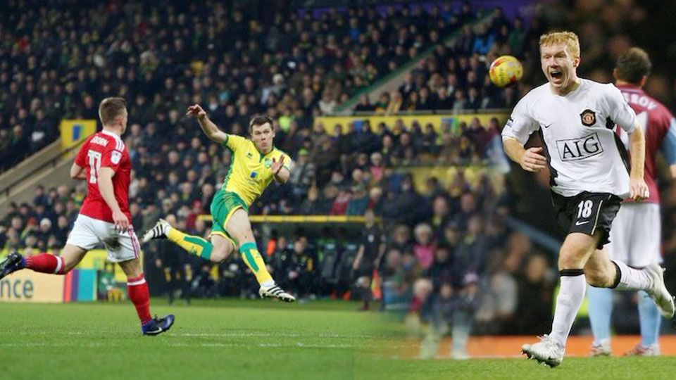 Pemain Norwich City, Jonny Howson saat melesakkan gol tendangan voli yang serupa Paul Scholes. Copyright: © Getty Images
