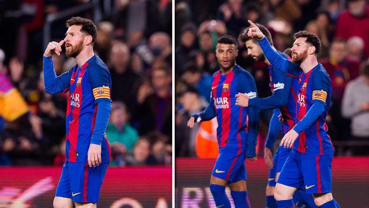 Penyerang Barcelona, Lionel Messi melakukan selebrasi. Copyright: &copy; Alex Caparros/Getty Images