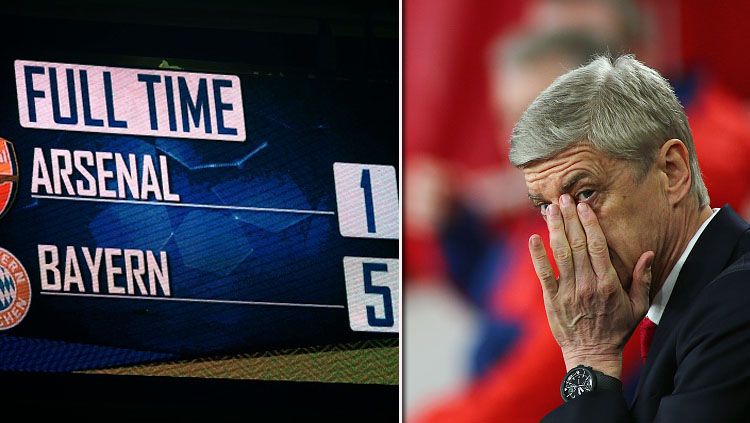 Ekspresi kepedihan Arsene Wenger ketika melihat timnya dibantai Bayern Munchen. Copyright: &copy; Craig Mercer/Mark Kerton/Action Plus/Getty Images