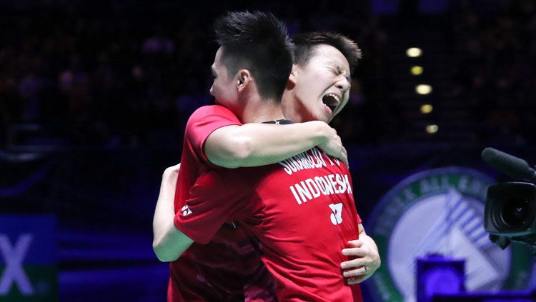 Pasangan ganda putra nasional, Kevin Sanjaya Sukamuljo/Marcus Fernaldi Gideon, berhasil meraih gelar juara All England 2017. Copyright: © HUMAS PBSI