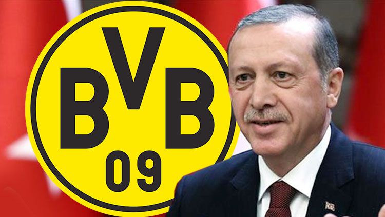 Presiden Turki, Recep Tayyip Erdogan, dan logo Borussia Dortmund. Copyright: © INDOSPORT/Wikipedia/KRjogja