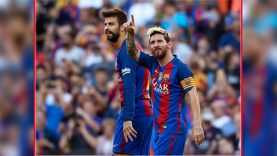 Dua pemain andalan Barcelona, Gerard Pique dan Lionel Messi. Copyright: © Manuel Queimadelos Alonso/Getty Images