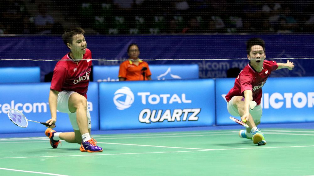 Kevin Sanjaya Sukamuljo/Marcus Fernaldi Gideon di babak kedua Malaysia Open SSP 2017. Copyright: © Humas PBSI