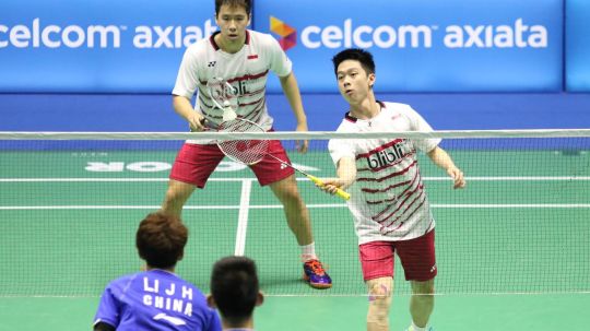 Kevin Sanjaya Sukamuljo/Marcus Fernaldi Gideon beraksi ketika melawan Li Junhui/Liu Yuchen. Copyright: © Humas PBSI