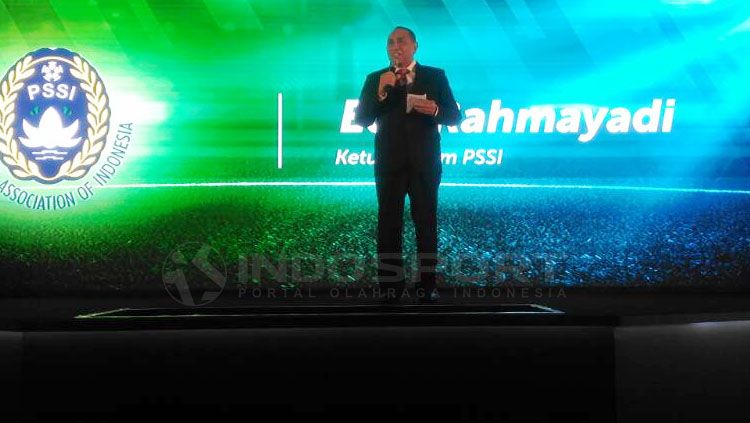 Ketua umum PSSI, Edi Rahmayadi berpidato di peluncuran Gojek Traveloka Liga 1. Copyright: © Zainal Hasan/INDOSPORT