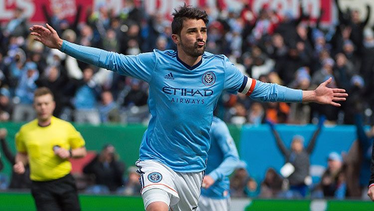 Selebrasi David Villa saat laga melawan klub sepak bola DC United. Copyright: © Michael Stewart/Getty Images