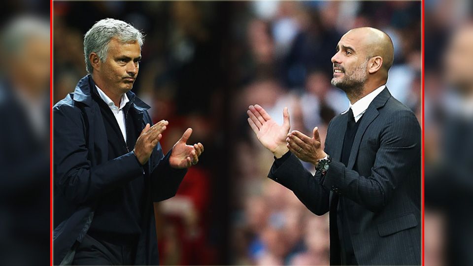 Pelatih Man United, Jose Mourinho (kiri) dan pelatih Man City, Pep Guardiola. Copyright: © Chris Brunskill/Getty Images