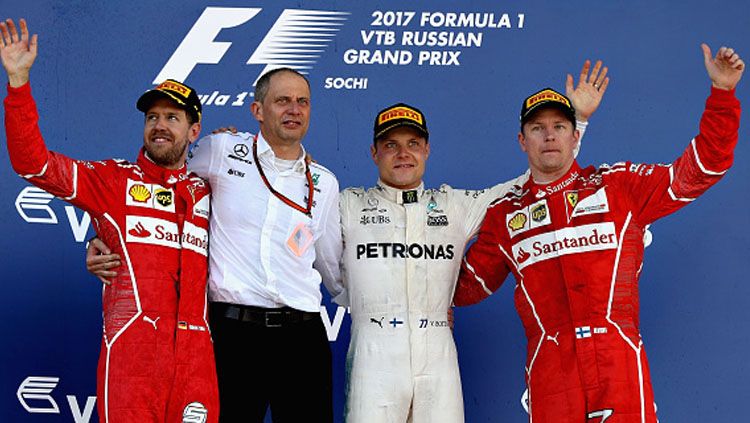 Sebastian Vettel, Valtteri Bottas, dan Kimi Raikkonen. Copyright: © Mark Thompson/Getty Images