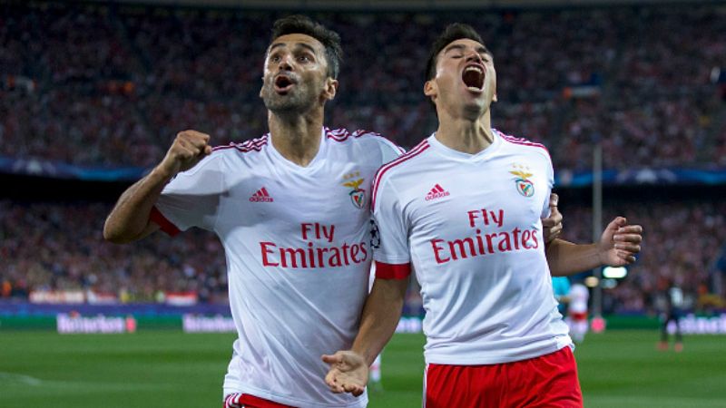 Selebrasi pemain Benfica saat mencetak gol ke gawang Atletico Madrid di Liga Champions 2015. Copyright: &copy; Gonzalo Arroyo Moreno / Stringer / Getty Images