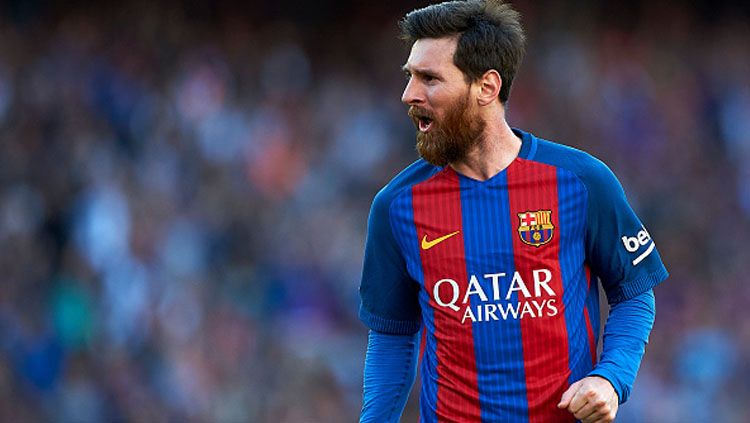Bintang Barcelona, Lionel Messi melakukan selebrasi. Copyright: © Getty Images