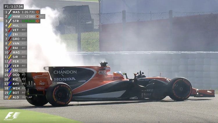 Asap tebal keluar dari mobil yang digunakan Fernando Alonso. Copyright: © streamable.com