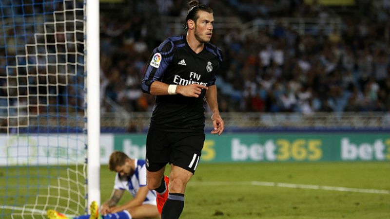 Gareth Bale pasca mencetak gol ke gawang Real Sociedad. Copyright: © Angel Martinez / Contributor via Getty Images
