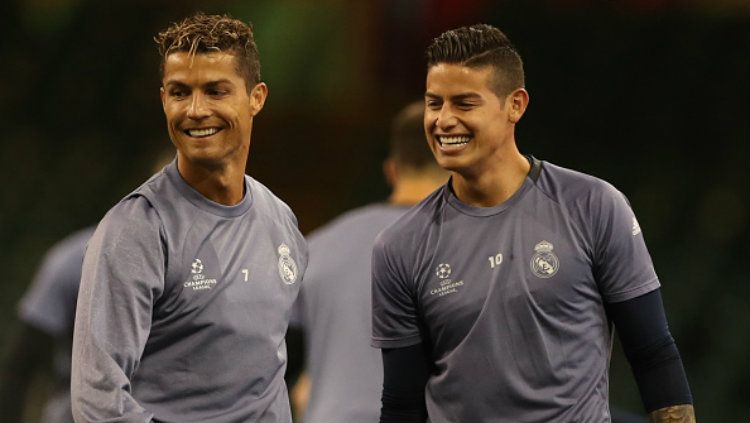 Bintang Real Madrid, Cristiano Ronaldo dan James Rodriguez. Copyright: © Ian MacNicol/Getty Images