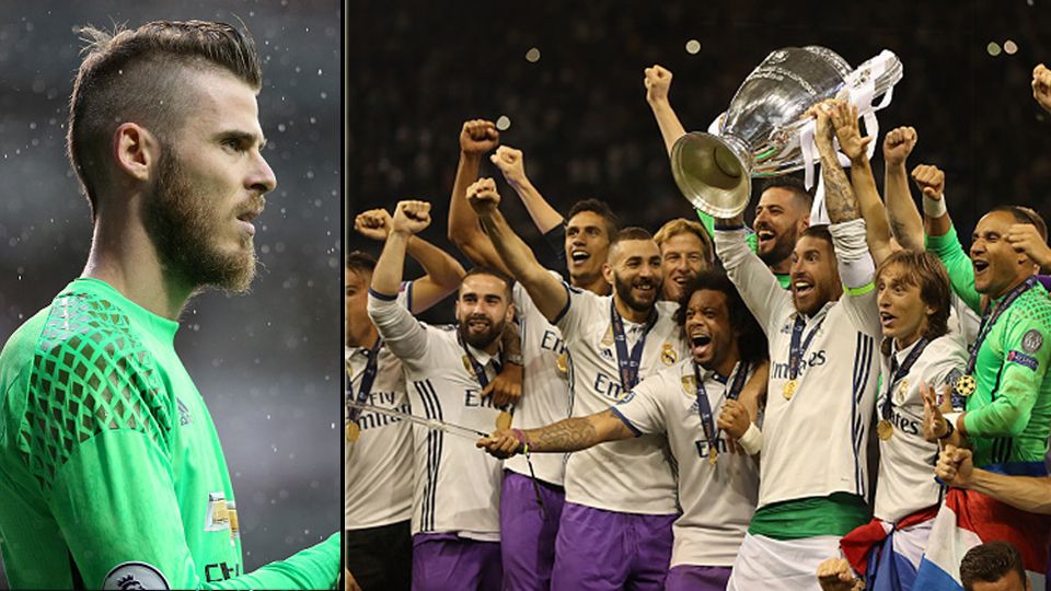 Real Madrid menggoda kiper Man United, David De Gea (kiri) kali ini dengan trofi Liga Champions. Copyright: © getty images+