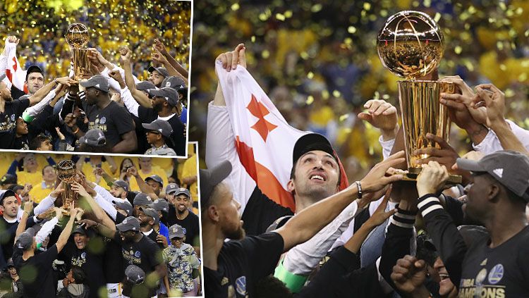 Selebrasi pemain Golden State Warriors usai memenangkan final NBA 2016/17. Copyright: © getty images