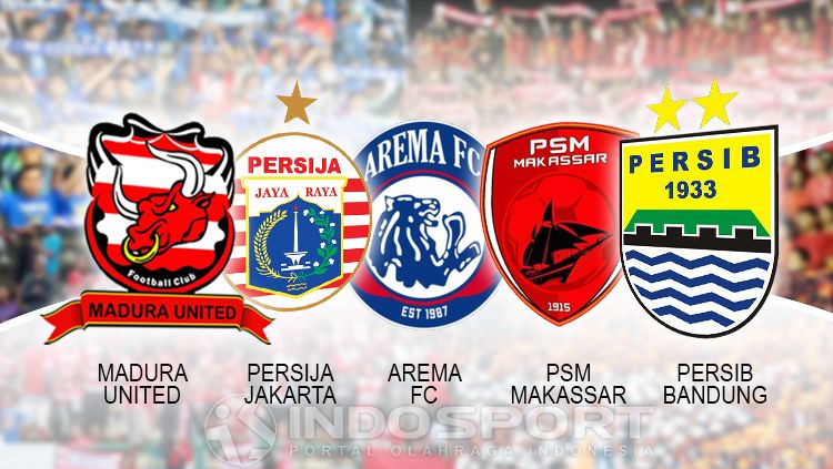 Logo Madura United, Persija Jakarta, Arema FC, PSM Makassar dan Persib Bandung sebagai klub papan atas Liga 1. Copyright: © Grafis: Eli Suhaeli/INDOSPORT