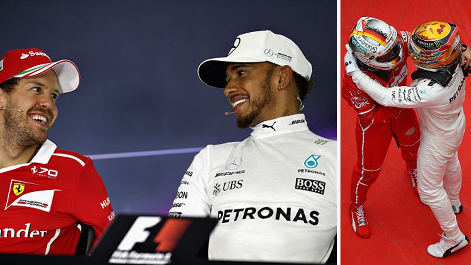 Sebastian Vettel (kiri) dan Lewis Hamilton. Copyright: © INDOSPORT