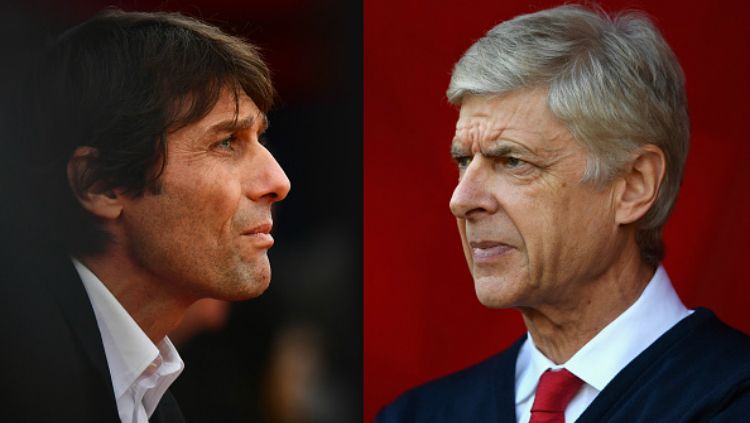 Antonio Conte dan Arsene Wenger. Copyright: © Indosport