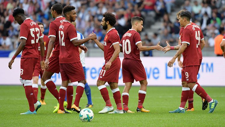 Pemain Liverpool merayakan kemenangan atas Hertha Berlin. Copyright: © Indosport.com