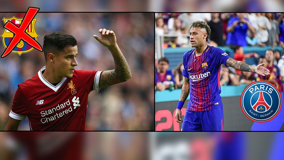 Philippe Coutinho (kiri/Liverpool) dan Neymar Jr (Barcelona)/(insert: logo Barcelona/kiri dan logo PSG). Copyright: © Getty Images