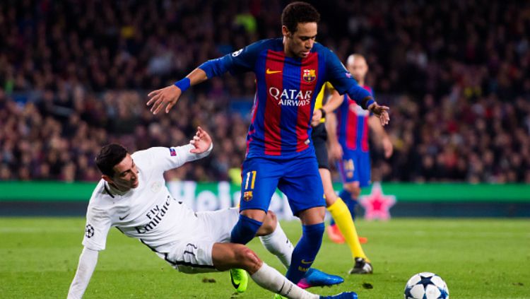 Neymar dan Angel Di Maria dalam pertandingan di Liga Champions. Copyright: © Getty Images