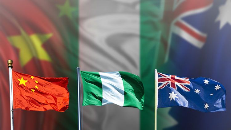 Bendera China, Nigeria, dan Australia. Copyright: © Grafis: Eli Suhaeli/INDOSPORT