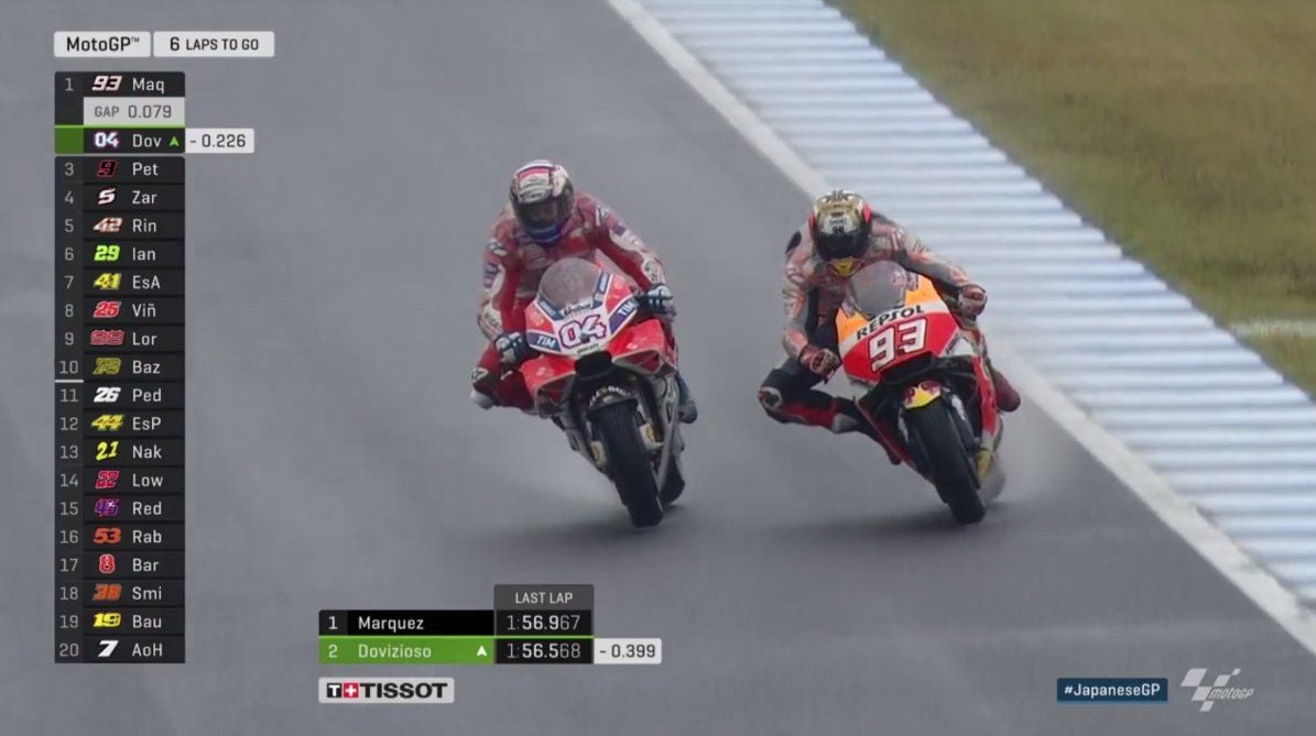 Marquez dan Dovizioso saat memperbutkan posisi pertama di MotoGP Jepang Copyright: © MotoGP