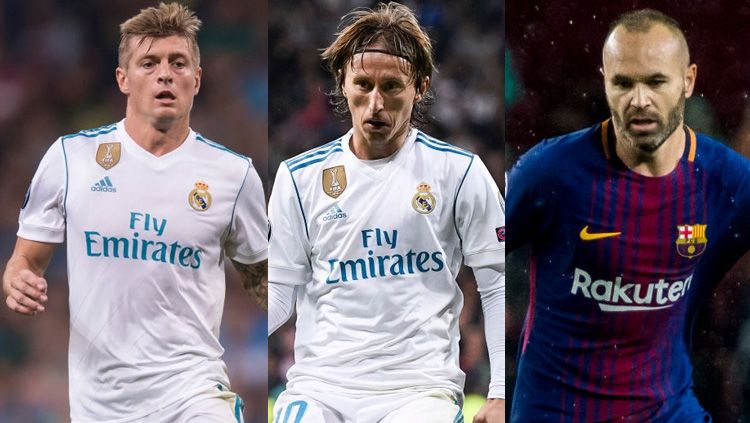 Kiri-kanan: Toni Kroos, Luka Modrric, dan Andres Iniesta. Copyright: © INDOSPORT