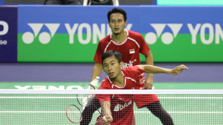 Pebulutangkis gandaputra Indonesia, Mohammad Ahsan//Rian Agung Saputro tumbang di putaran kedua French Open 2017. Copyright: © PBSI