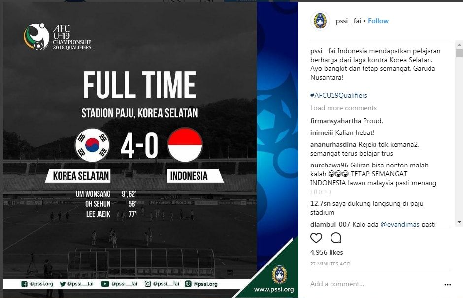Instagram PSSI pasca kekalahan 0-4 dari Korea Selatan U-19 Copyright: © Intagram