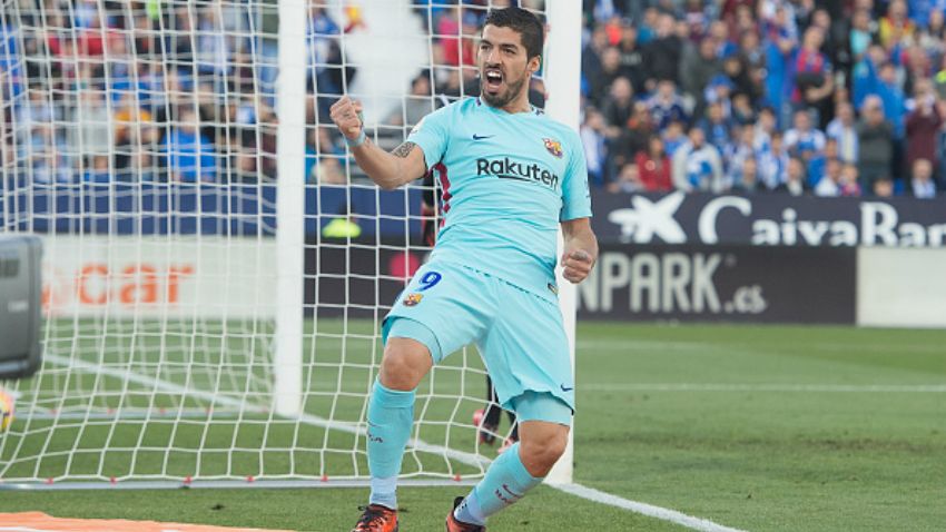 Luis Suarez merayakan gol keduanya ke gawang Leganes. Copyright: © Getty Images