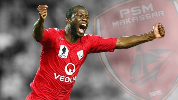 Bruce Djite, striker asing PSM Makassar yang tengah disiapkan melawan Persija Jakarta. Copyright: © INDOSPORT/Istimewa
