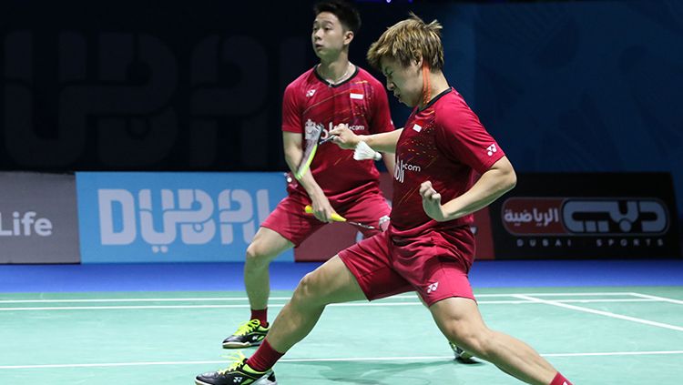 Kevin Sanjaya/Marcus Gideon di laga kedua Dubai Super Series Finals 2017. Copyright: © Humas PBSI