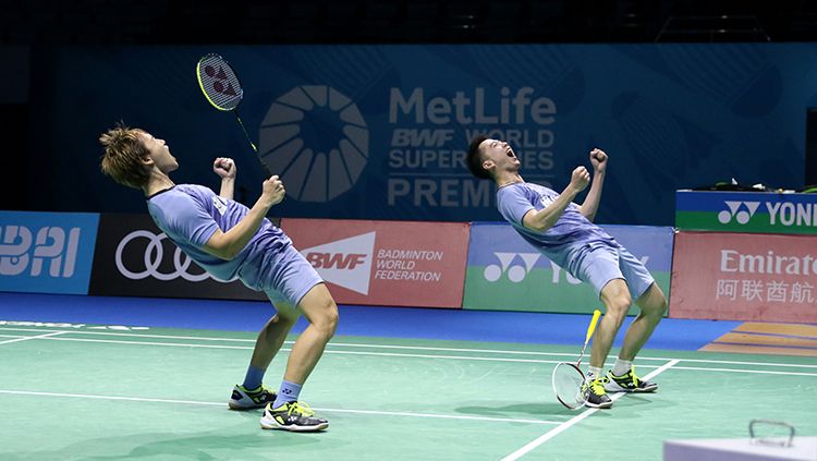 Selebrasi Kevin Sanjaya Sukamuljo/Marcus Fernaldi Gideon usai melenggang ke partai final. Copyright: © Huma PBSI