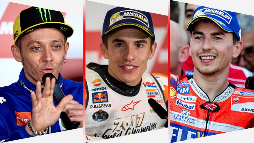 Vantino Rossi, Marc Marquez, dan Jorge Lorenzo jadi tiga pembalap dengan bayaran tertinggi di 2018. Copyright: © Getty Images
