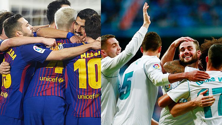 Aksi selebrasi para pemain Barcelona dan Real Madrid di Pekan ke-20 La Liga Spanyol. Copyright: © Getty Images