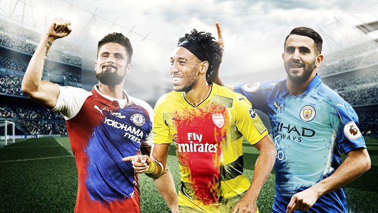 Olivier Giroud, Pierre-Emerick Aubameyang, dan Riyad Mahrez. Copyright: © Getty Images/Grafis: Eli Suhaeli/INDOSPORT