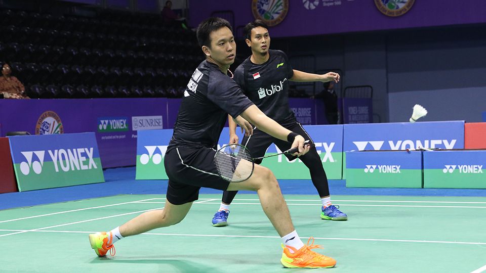 Pasangan Hendra/Ahsan saat bertanding di India Open 2018. Copyright: © Humas PBSI