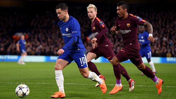 Eden Hazard (kiri) terus dijaga ketat oleh  Ivan Rakitic dan Paulinho Copyright: © Getty Images