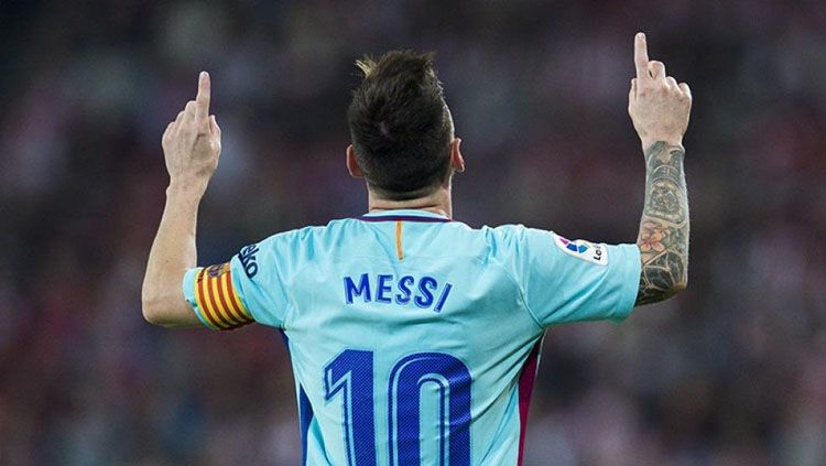Selebrasi Lionel Messi usai mencetak gol ke gawang Las Palmas. Copyright: © Twitter @leonelcerrudo