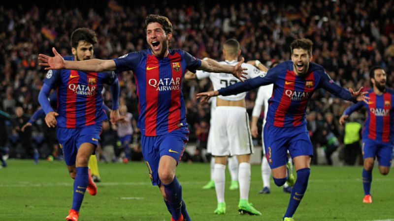 Sergi Roberto merayakan golnya ke gawang Paris Saint-Germain. Copyright: © Getty Images