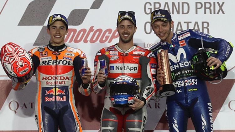 Podium juara di seri perdana MotoGP Qatar 2018. Copyright: © INDOSPORT