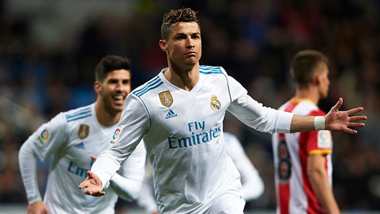 Selebrasi Cristiano Ronaldo usai mencetak gol ke gawang Girona. Copyright: © Getty Images