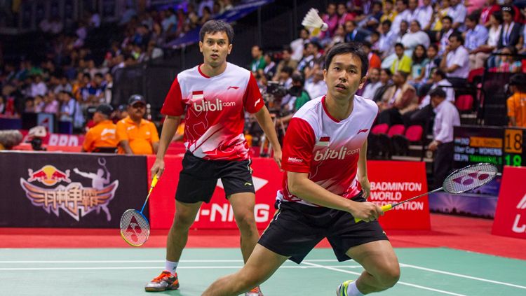 Mohammad Ahsan/Hendra Setiawan berhasil menjadi juara sektor ganda putra dalam turnamen Malaysia Internasional 2018. Copyright: Â© antoniusagustian/Twitter